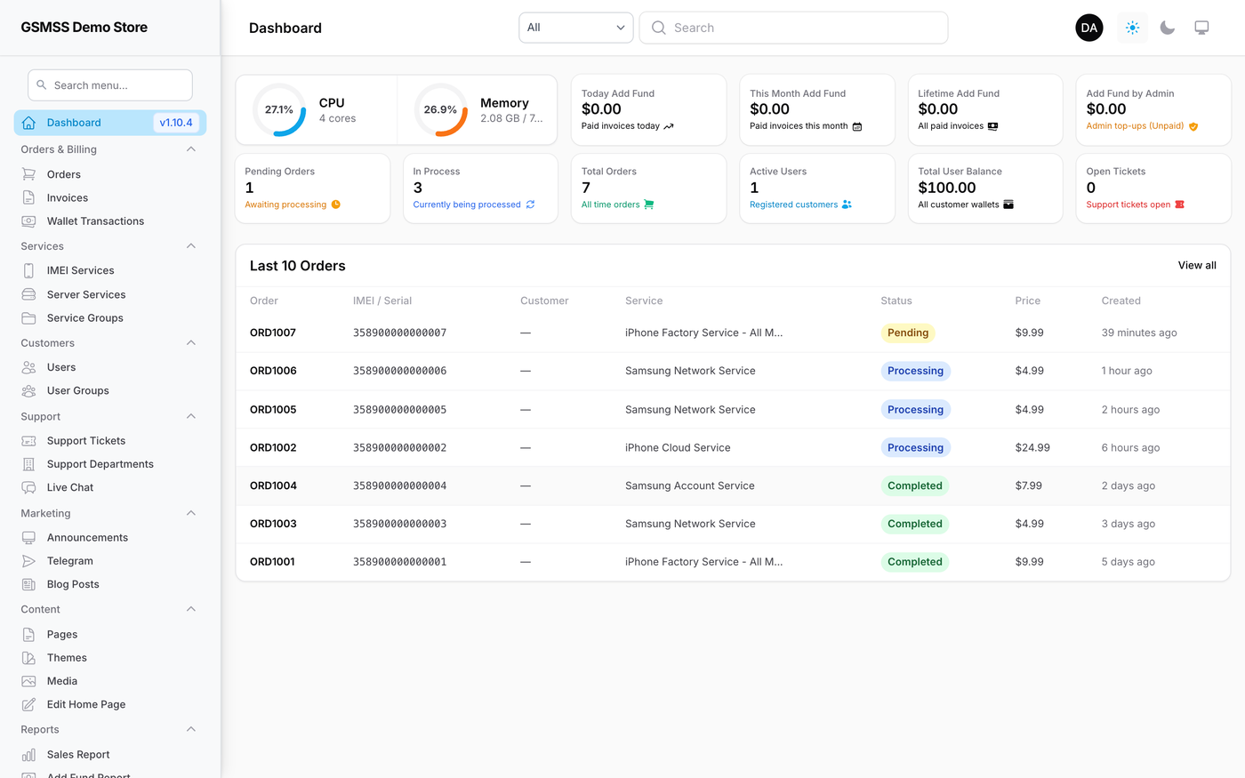 The GSMSS admin panel, showing server load, revenue totals and the latest orders