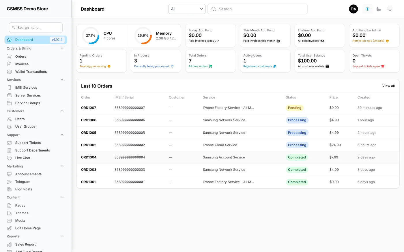GSMSS admin dashboard with orders, wallet activity and store reports