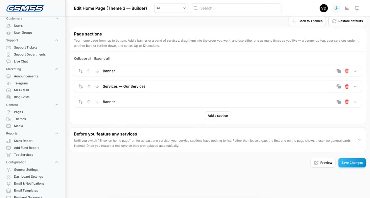 Builder editor listing banner and services sections