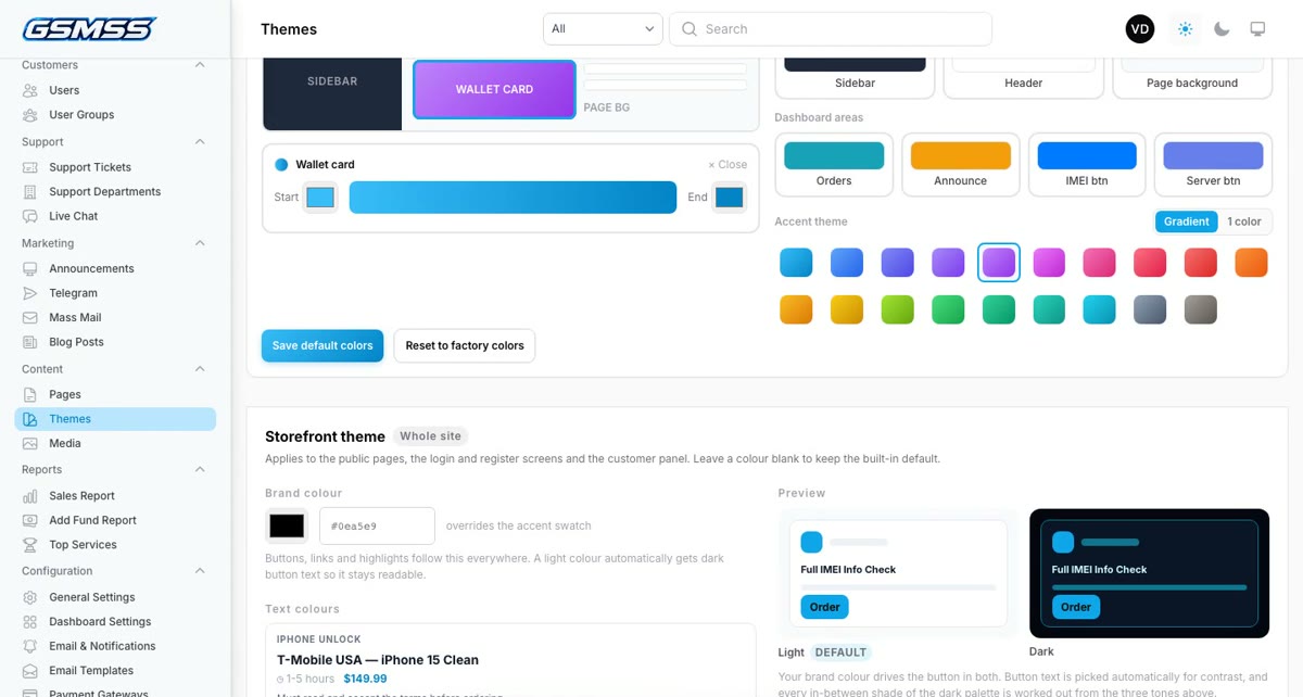 Default user panel colours preview with a dark sidebar and purple wallet card