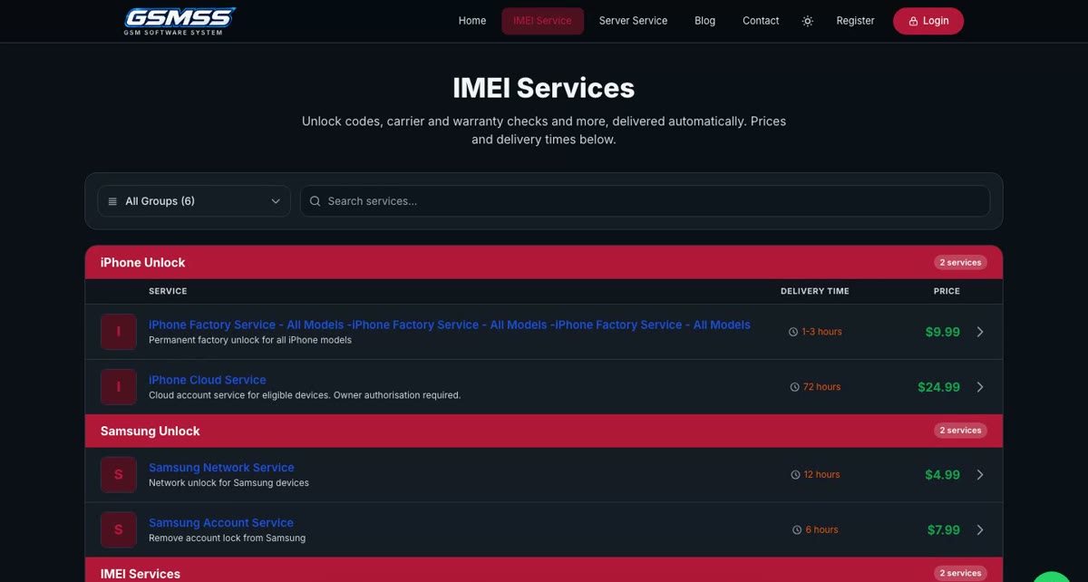 Public IMEI Services page showing blue service names, orange delivery times and green prices in dark mode