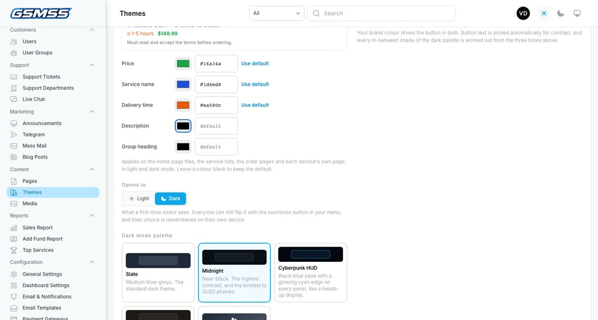 Text colours for price, service name and delivery time, plus the dark mode palettes