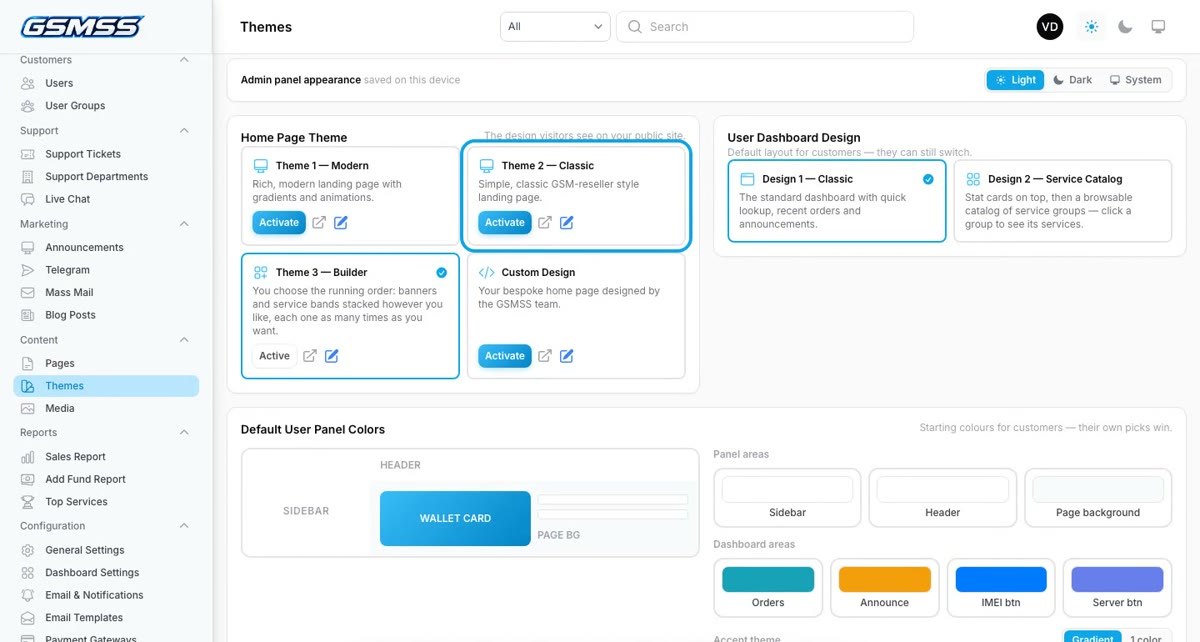 GSMSS admin Themes page with the four home page theme cards