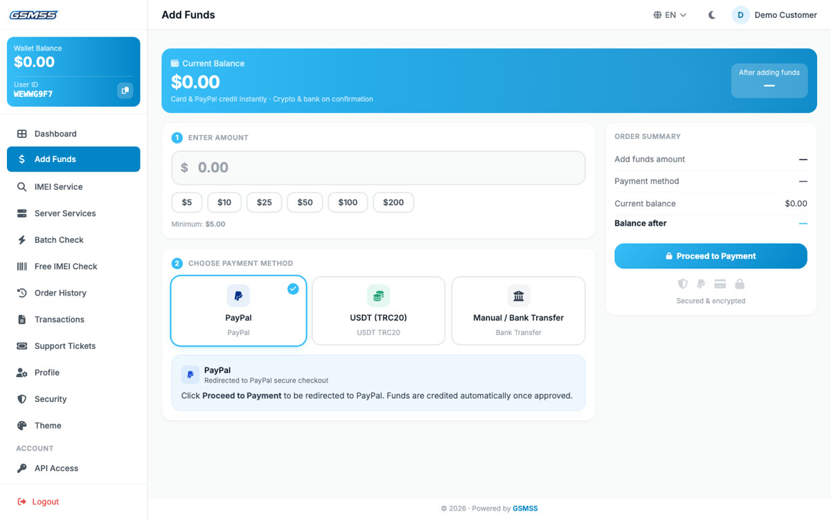 Add Funds page with amount, payment methods and order summary
