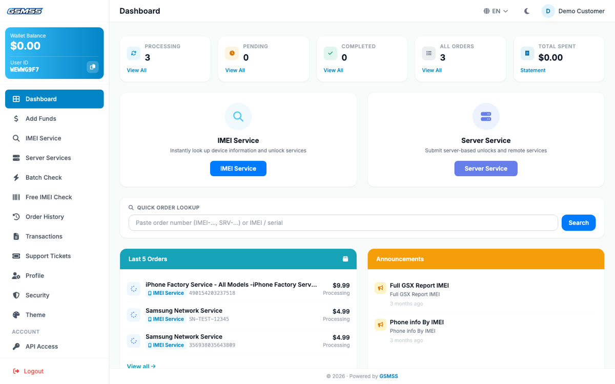 Customer dashboard with wallet balance, order counts, quick lookup and recent orders
