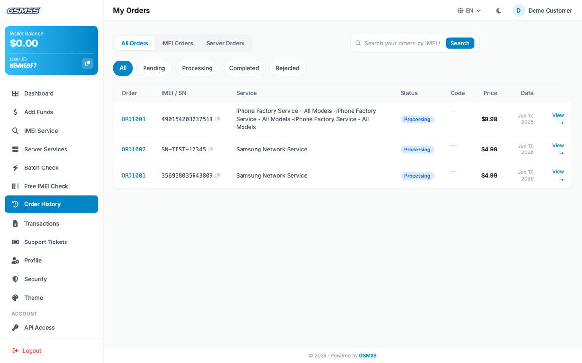 My Orders page with tabs, status filters, search and the order list