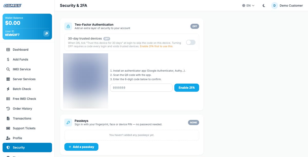 Security page with two-factor authentication setup and passkeys