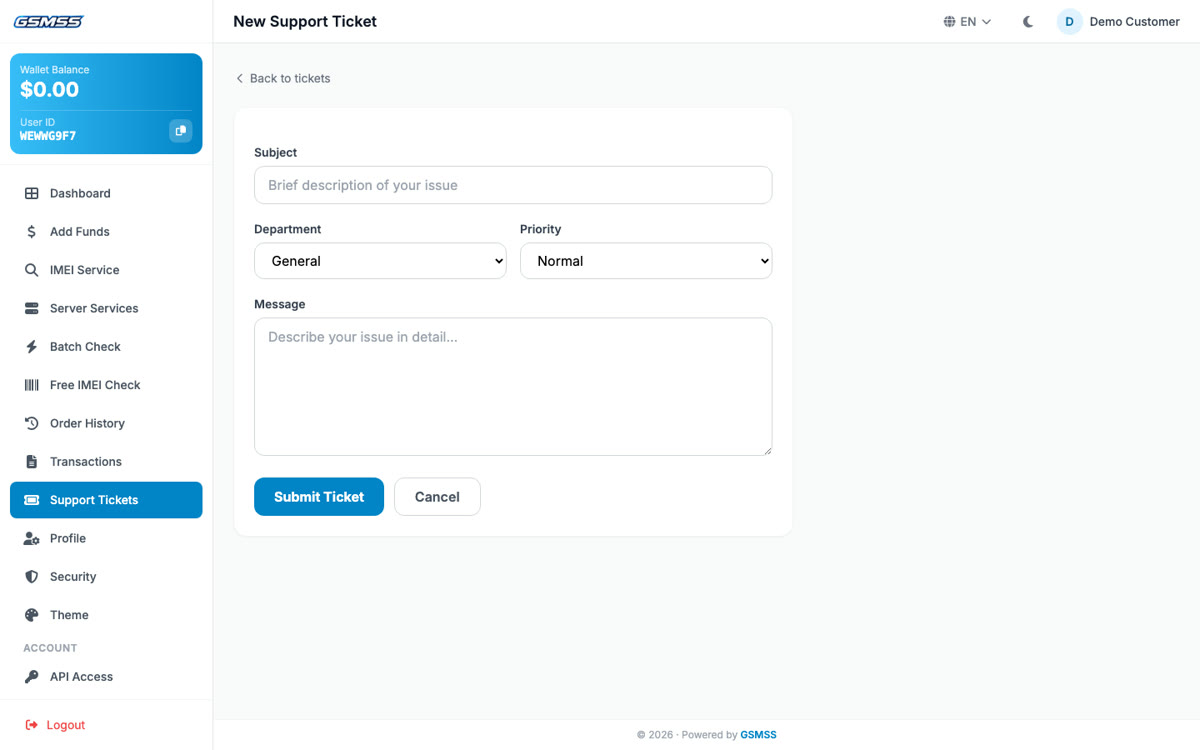 New Support Ticket form with subject, department, priority and message